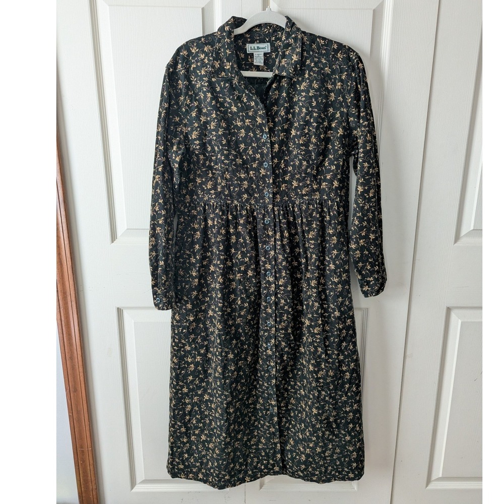 LL Bean Corduroy Maxi Dress Sz 12 Petite Deep Green Floral Button Front Vintage